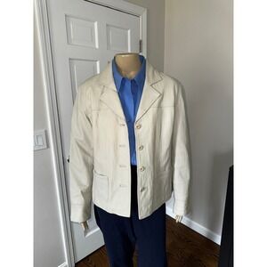 Brandon Thomas Cream Leather Blazer Jacket Women Ivory Button Front Coat